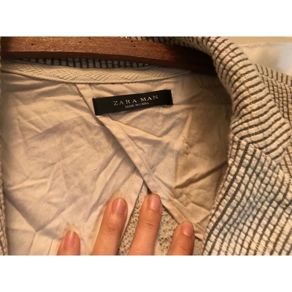 Zara Linen Blend Unstructured Seersucker Academia Blazer Neutral Beige size XL - Picture 3 of 9